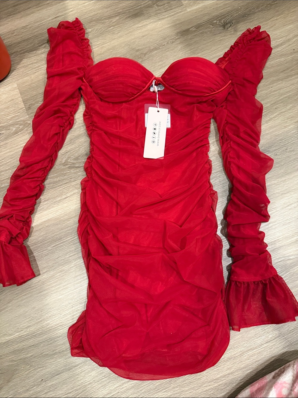 Oh Polly Red Long Sleeve Ruched Mesh Bodycon Dress